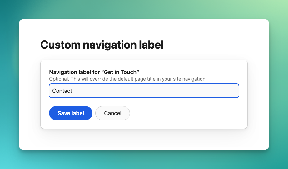 Screenshot of a new “Custom navigation label” form in Pika