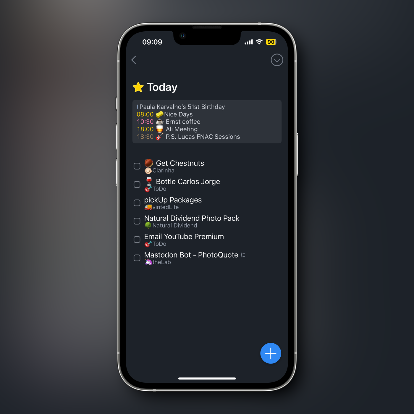 A smartphone screen displays a to-do list app with tasks and events for the day.