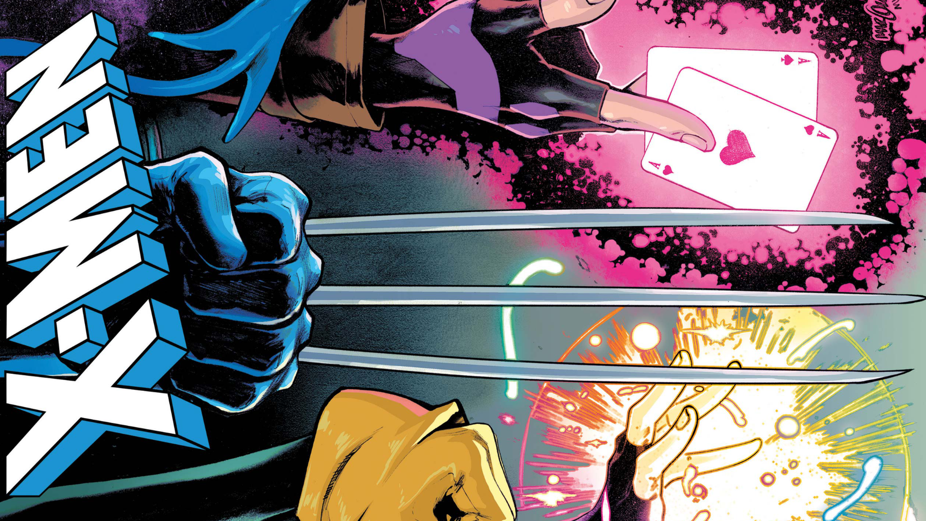 The cover of Uncanny X-Men 2024 #1, but rotated on it's side for no other reason than I'm silly. The cover features the X-Men logos and the hands of Wolverine, Rogue, Jubilee, and Gambit. Also Nightcrawler's tail.