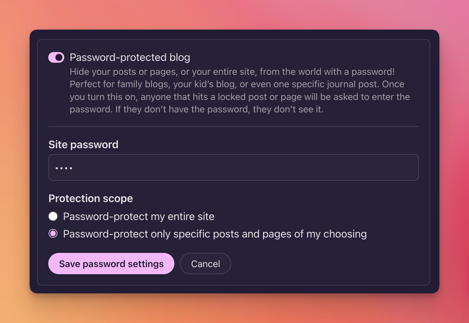 Pika Labs site-password settings panel with a “Password protection scope” choice between “Password-protect my entire site” and “Password-protect only specific posts and pages of my choosing”; the second option is selected.