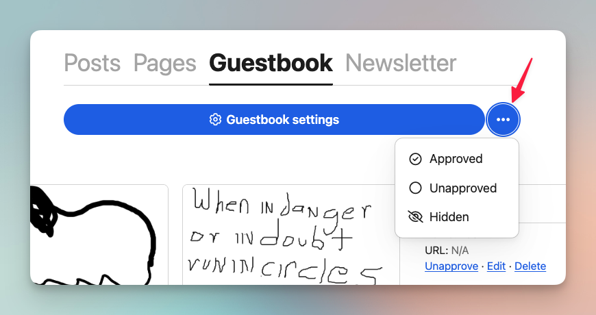 Screenshot of Pika’s new Guestbook Signings filter