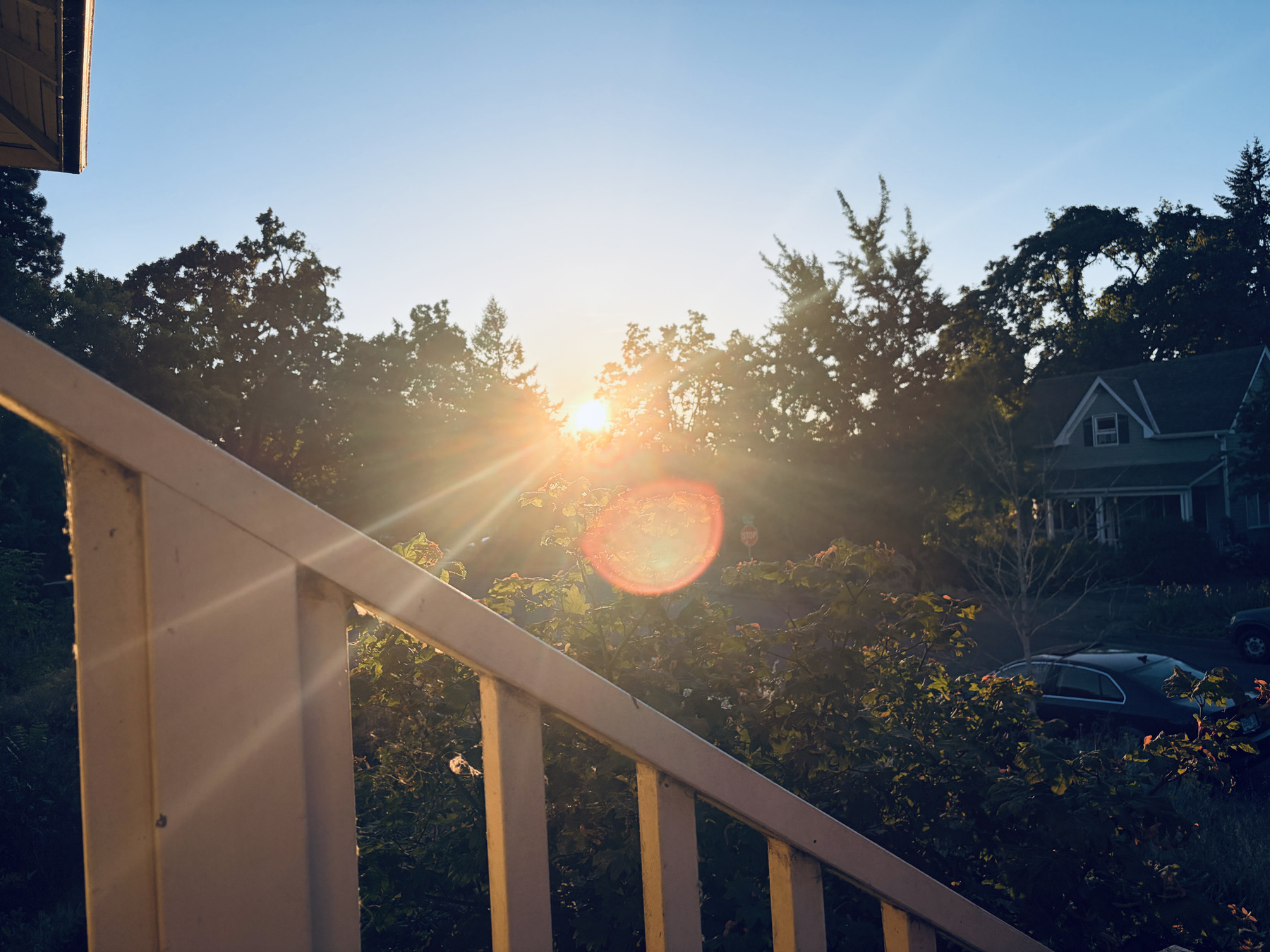 Looking out over a porch rail to a treeline across the street, and the sun resting right on the trees.