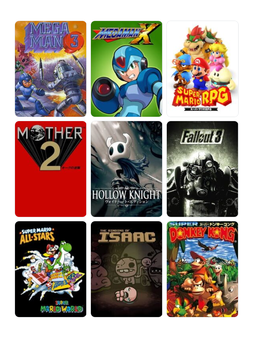 A grid of video game covers featuring Mega Man, Mario RPG, Mother 2, Hollow Knight, Fallout 3, Super Mario All-Stars, The Binding of Isaac, and Donkey Kong.