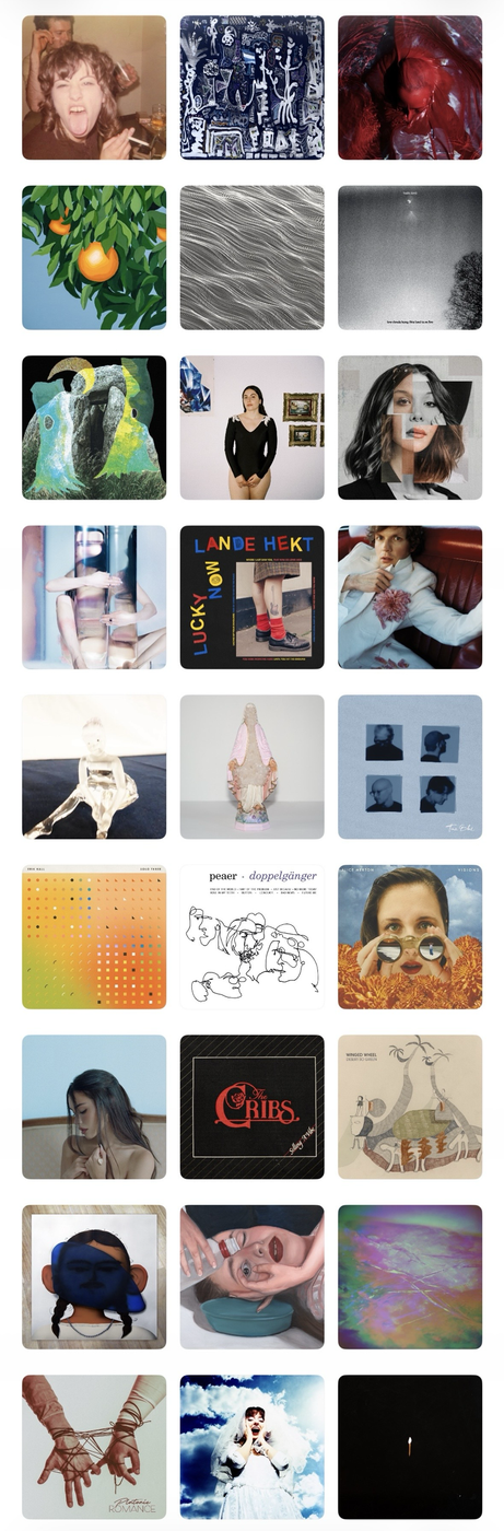 A tall grid of square images arranged in rows, showing a mix of album covers and art prints in varied styles, including abstract patterns, portraits, paintings, collage, photography and graphic design, with colours ranging from muted greys to vivid reds, blues and yellows, creating a visually eclectic gallery-like display.
