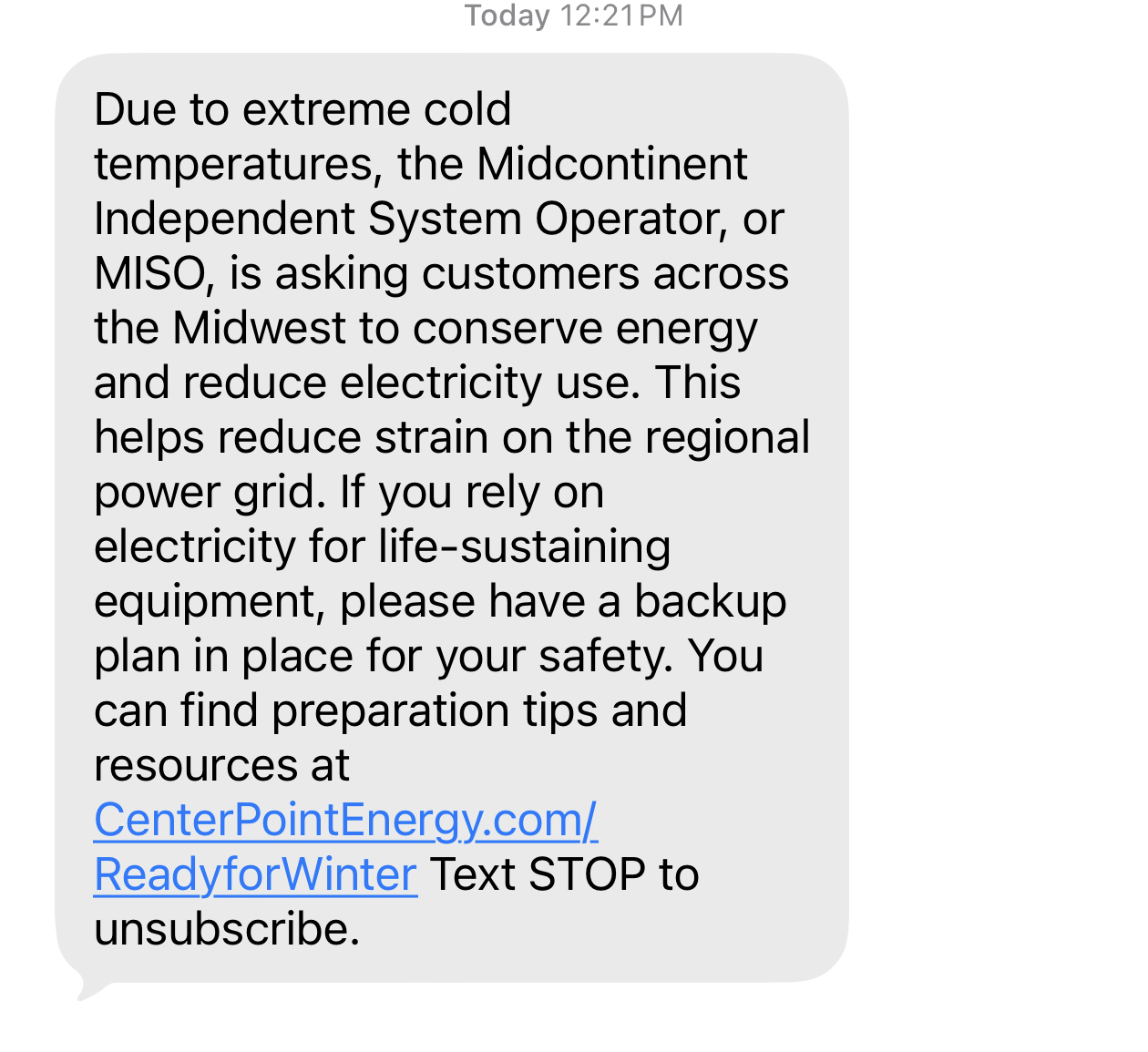 Text message from MISO urging energy conservation due to cold. Provides website and text options for more info and unsubscribing.