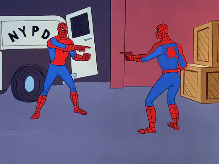 Meme representing two spidermen pointing at each other, no caption.