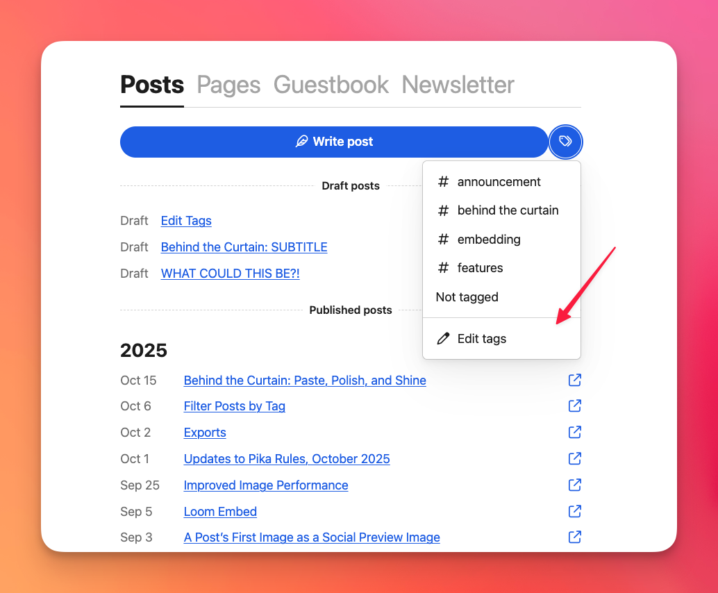 Pika's new tag filter dropdown in the dashboard, now with "Edit tags" link