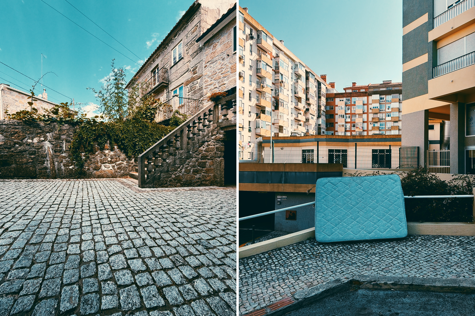 Split image showing two urban scenes: the left side features a cobblestone courtyard with stone stairs and rustic stone buildings under a clear blue sky, while the right side shows a mattress leaning against a railing in front of modern apartment buildings.