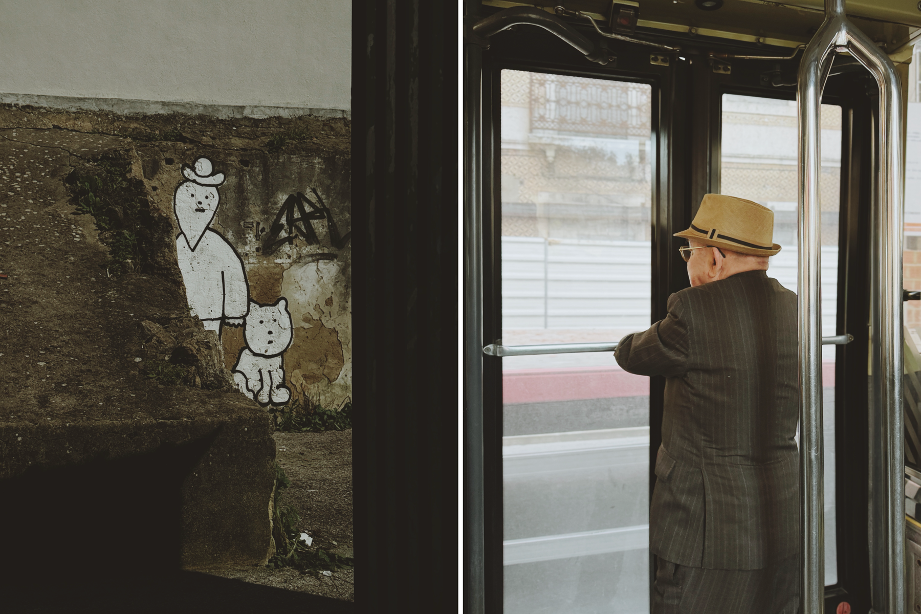 Split image showing two scenes: on the left, a white cartoon figure with a hat and a small cat painted on a weathered wall; on the right, an elderly man in a pinstripe suit and tan hat standing on a bus, looking out the door.