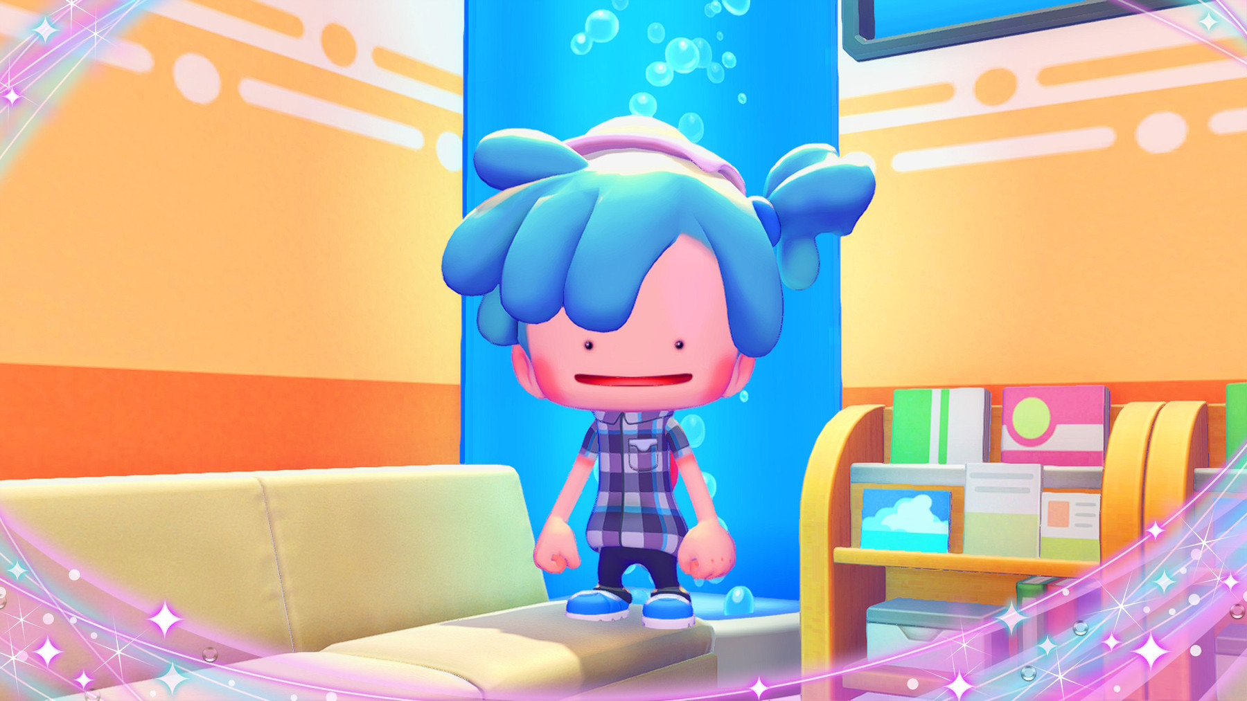 Ditto Melanie with blue mermaid hair, super nerd outfit, and blue shoes stands on a Pokemon Center's couch with her shoes on. Well, the shoes are technically Ditto's skin so I guess not.