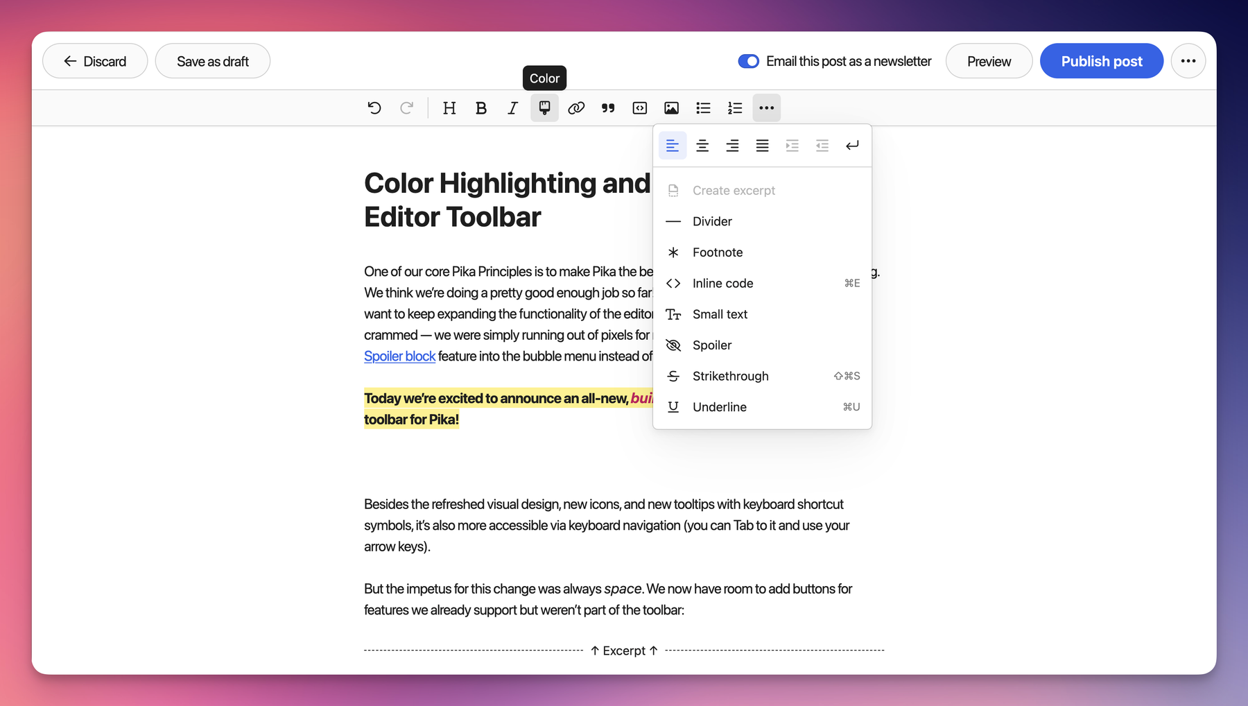 Color Highlighting and a Refreshed Editor Toolbar - Building Pika Out Loud