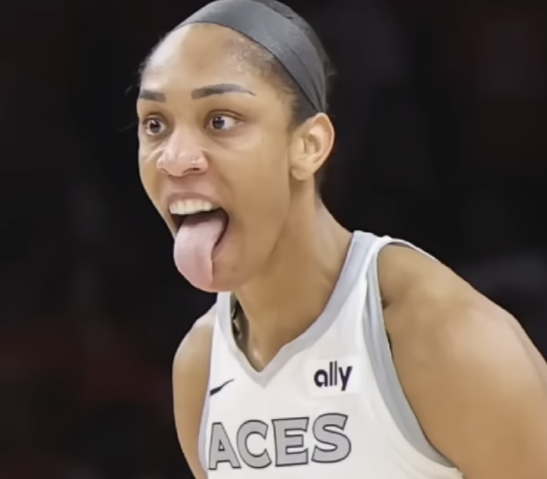 A’ja Wilson indignantly sticking her tongue out so that she resembles a Japanese oni mask after just burying all of Phoenix with a game-winning shot.
