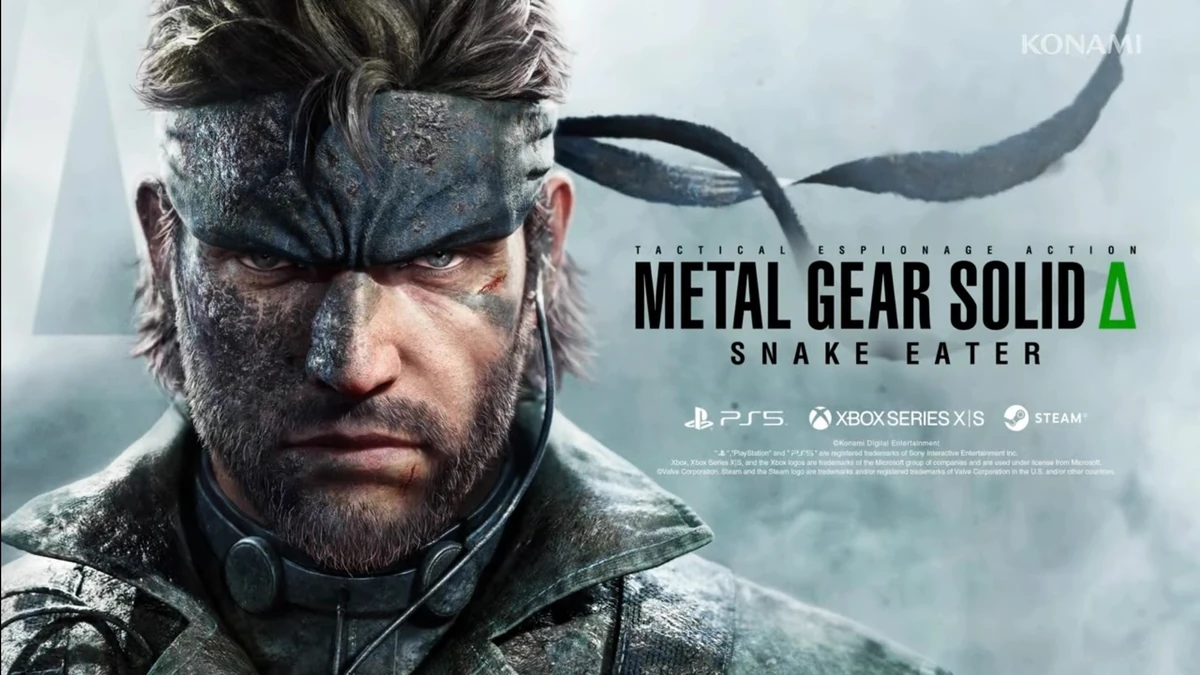Promotional key art for Metal Gear Solid Delta: Snake Eater showing a close-up portrait of Snake with his signature eyepatch and bandana flowing in the wind. The image has a blue-grey color palette with Snake's face showing intense determination. The Konami logo appears in the top right, with platform logos for PS5, Xbox Series X|S, and Steam at the bottom. The game's title is displayed in bold text across the middle of the image.
 
