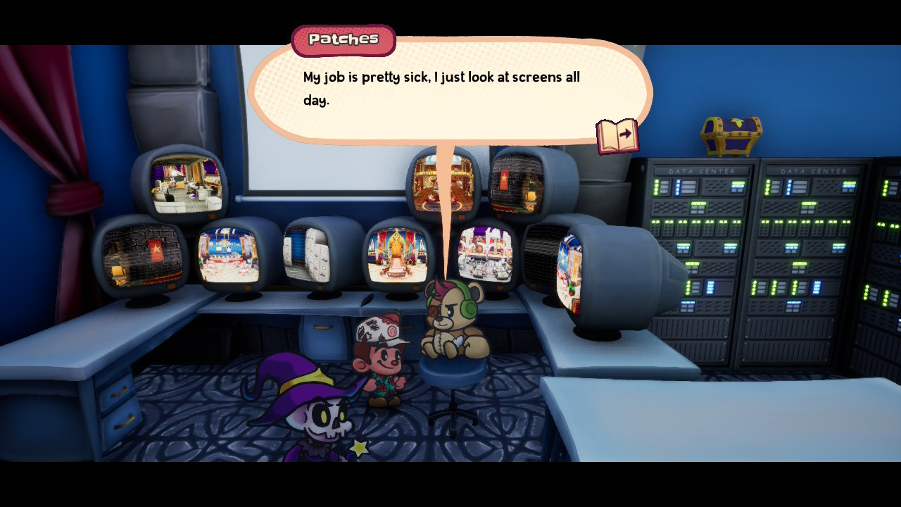 A rough looking teddy bear wearing headphones named Patches is turned around in his seat at the security camera monitoring station to say, "My job is pretty sick, I just look at screens all day."