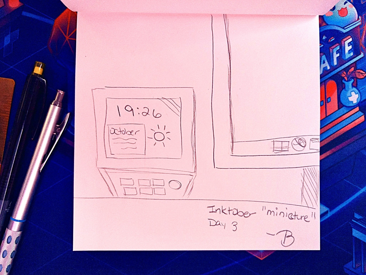 A pencil drawing of a mini computer next to a normal sized computer. The theme for Inktober was “miniature”.
