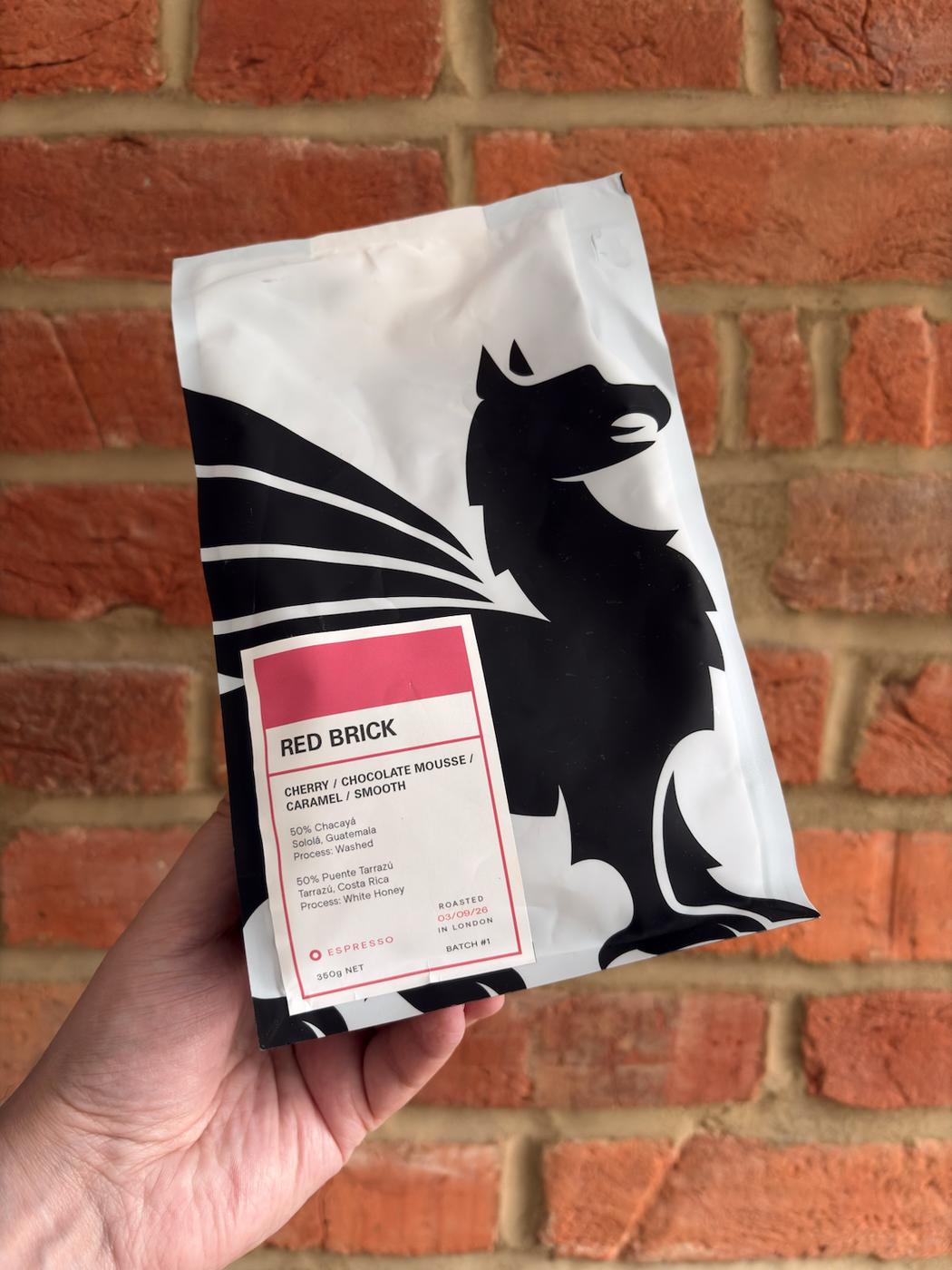 A hand holds a bag of coffee beans in front of a brick wall. The bag bears a large image of a griffin logo. The name of the coffee is ‘Red Brick’ and it has tasting notes of cherry, chocolate mousse and caramel.