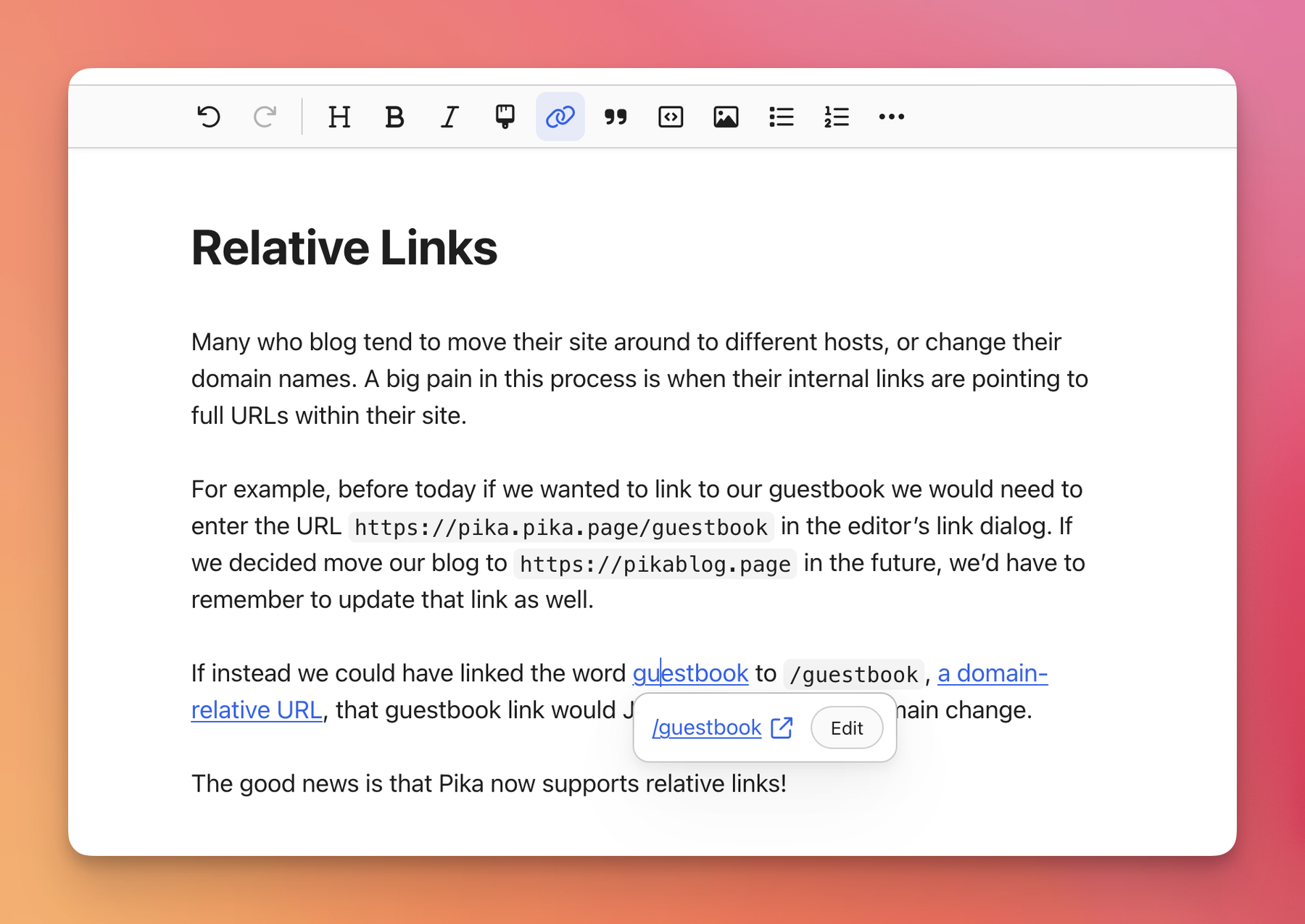 Pika’s rich-text editor showing a draft post titled “Relative Links” (this post). The word “guestbook” is linked, and a floating link-preview popover beneath it shows the href /guestbook with an open-in-new-tab icon and an “Edit” button. The link button in the toolbar is highlighted.