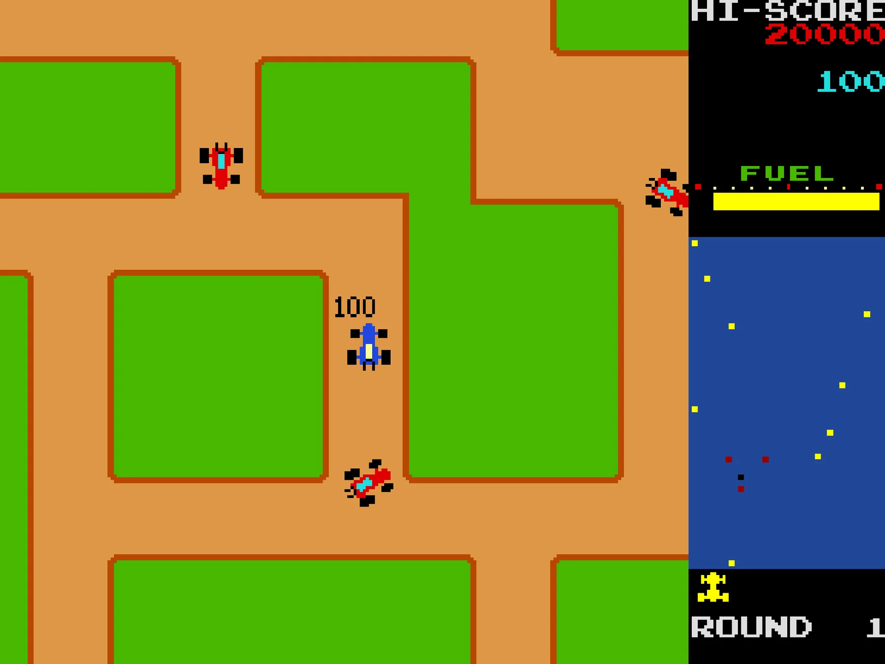 Screenshot of a retro top-down motorcycle arcade game showing small bikes racing through a maze-like track, with a score, fuel gauge, radar map, and round indicator on the right side of the screen.