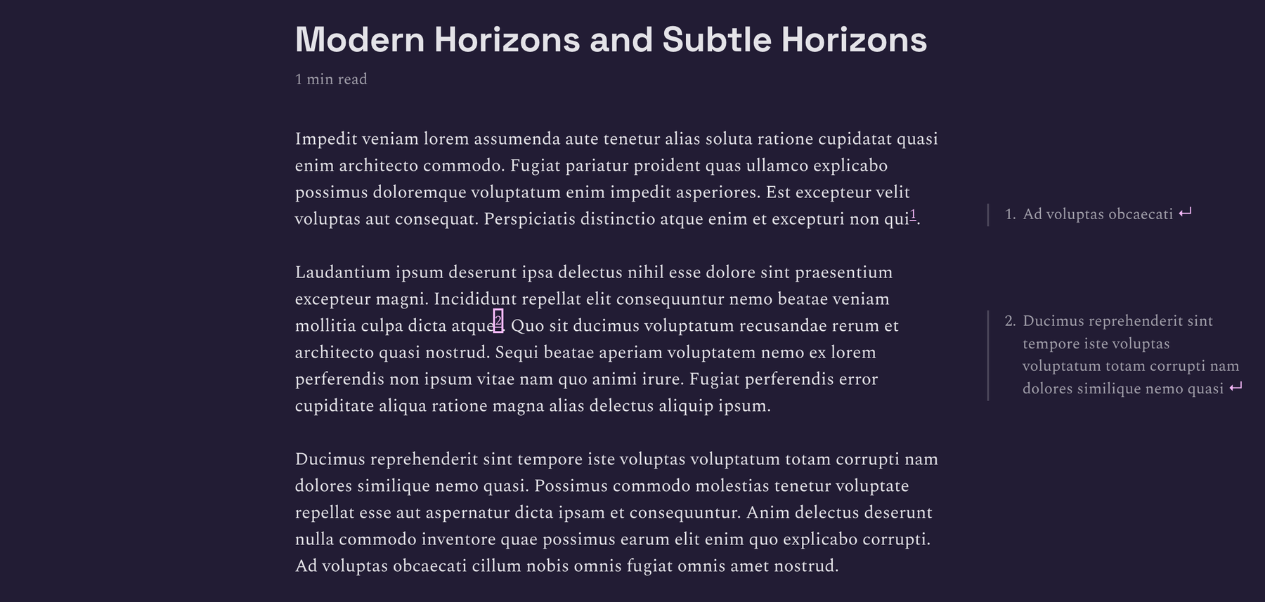 Screenshot of a dark-themed blog post titled “Modern Horizons and Subtle Horizons,” with “1 min read” displayed under the title, article text with numbered footnote markers, and corresponding margin notes displayed to the right.