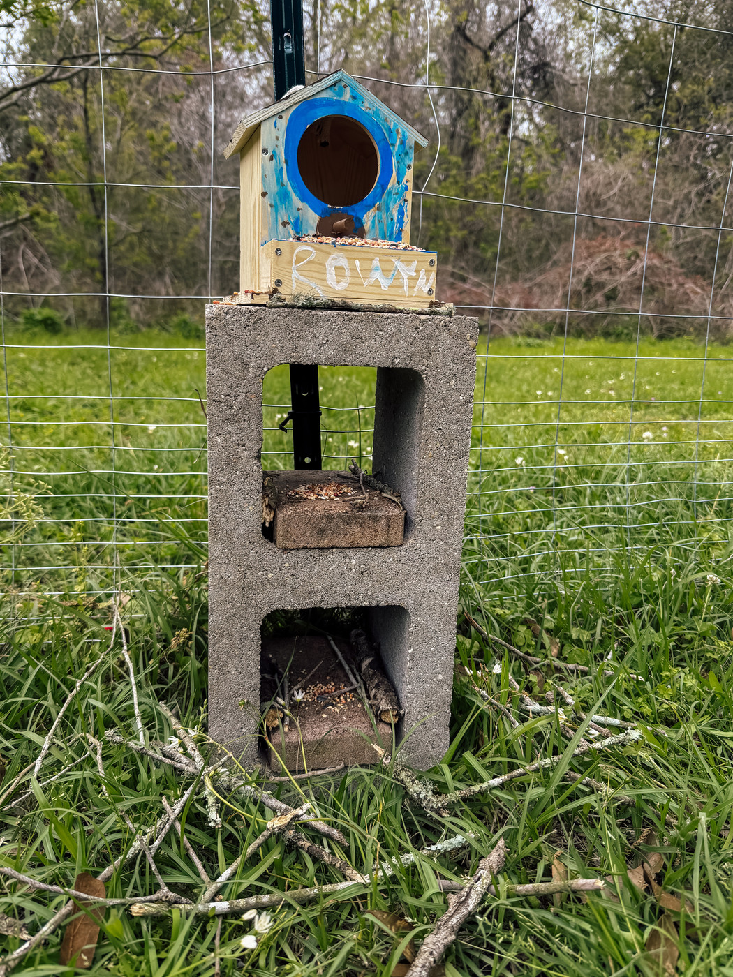 A small birdhouse sits atop a concrete block in a grassy area with a wire fence in the background.