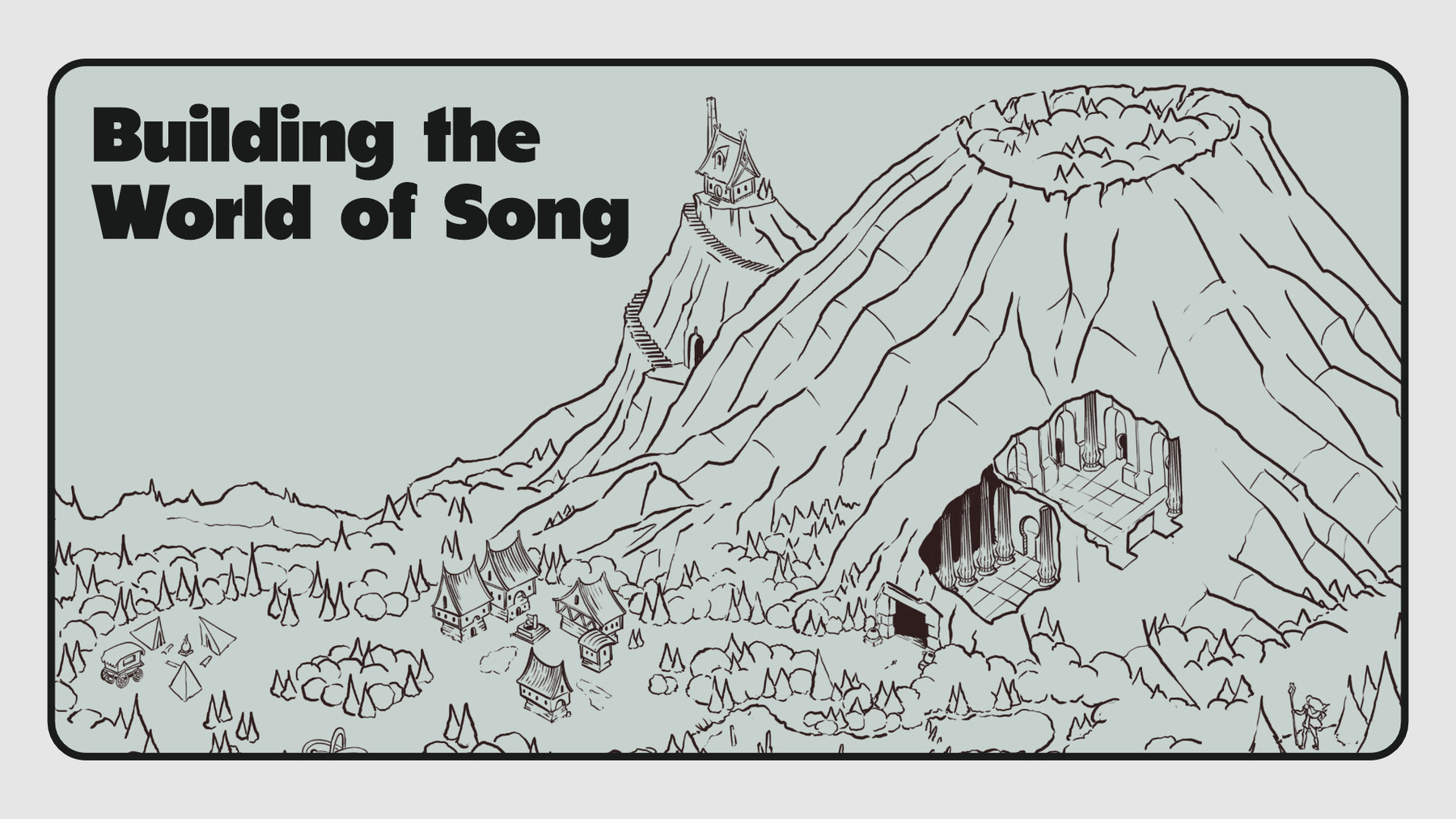Splash image with the title "Building the World of Song" and line art map from the Starfall on Tyrian Peak adventure from Midnight Muscadines.