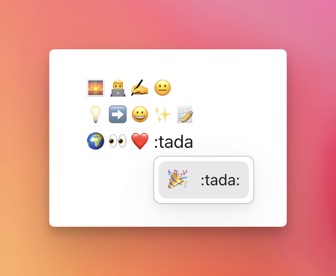 一个完全用表情符号讲述的故事，最后一个表情符号显示的是皮卡丘表情符号自动补全界面：🌅 👨‍💻 ✍️ 😐 💡 ➡️ 😀 ✨ 📝 🌍 👀 ❤️ 👍 🎉 大致翻译：日出时分，一位开发者正在写作，心情平淡。突然灵光一闪——他添加了表情符号，为文字注入了活力和乐趣。全世界都看到了，喜欢上了，并为之欢呼。