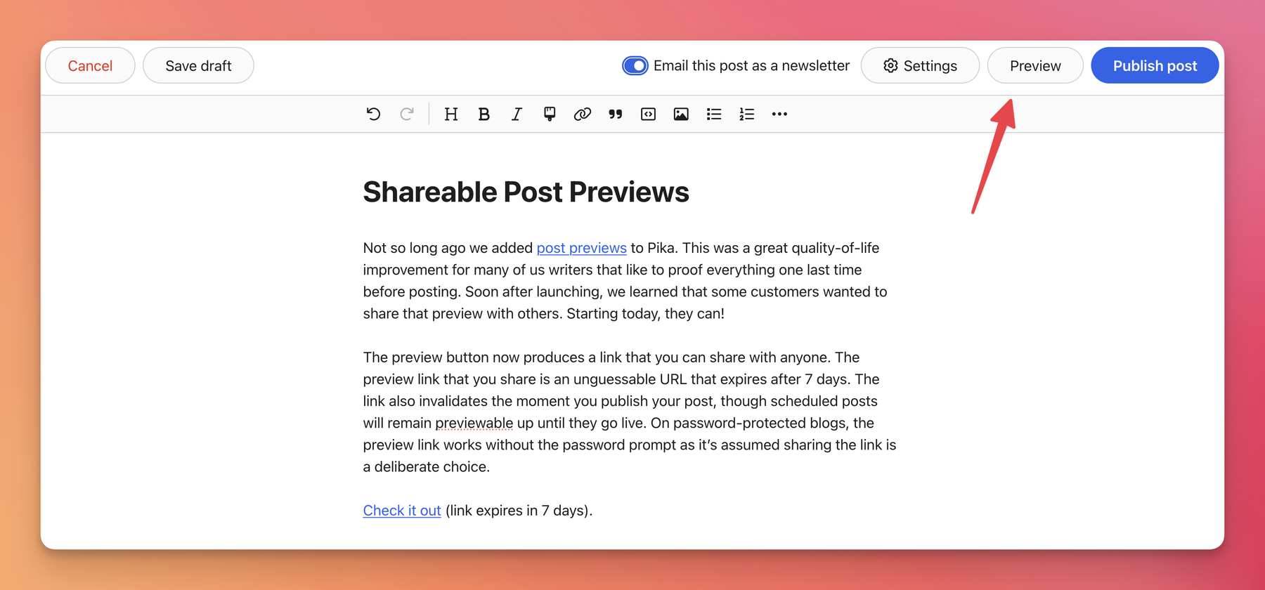 The Pika post editor showing the “Shareable Post Previews” draft (this post), with a hand-drawn red arrow pointing up at the Preview button in the top action bar to highlight where to click to generate a shareable preview link.
