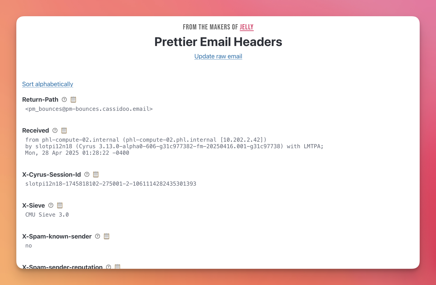 Screenshot of Prettier Email Headers tool, showing a better-formatted view of email headers like Return-Path, Received, X-Spam-known-sender, and more