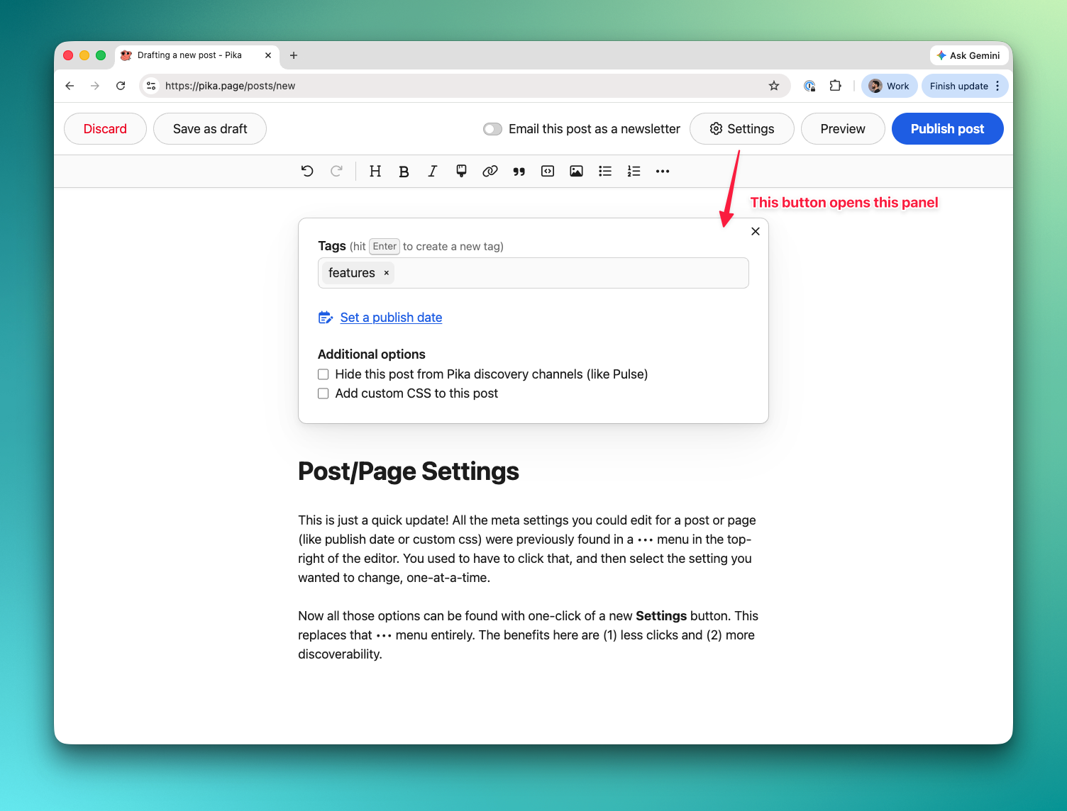Pika编辑器截图，显示了新的“设置”按钮和面板