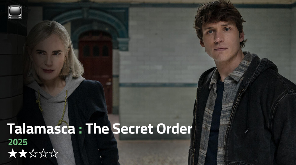 The image is a movie poster featuring two people standing in a dimly lit hallway. The person on the left is seen from the waist up, with blonde hair and wearing a dark jacket. The person on the right is looking directly at the viewer, with dark hair and wearing a dark hooded jacket over a striped shirt. The background is a red wall with decorative arches and a blurred hallway extending into the distance. The poster includes the text "Talamasca : The Secret Order" and "2025" along with five star icons, 2 of which are filled in.