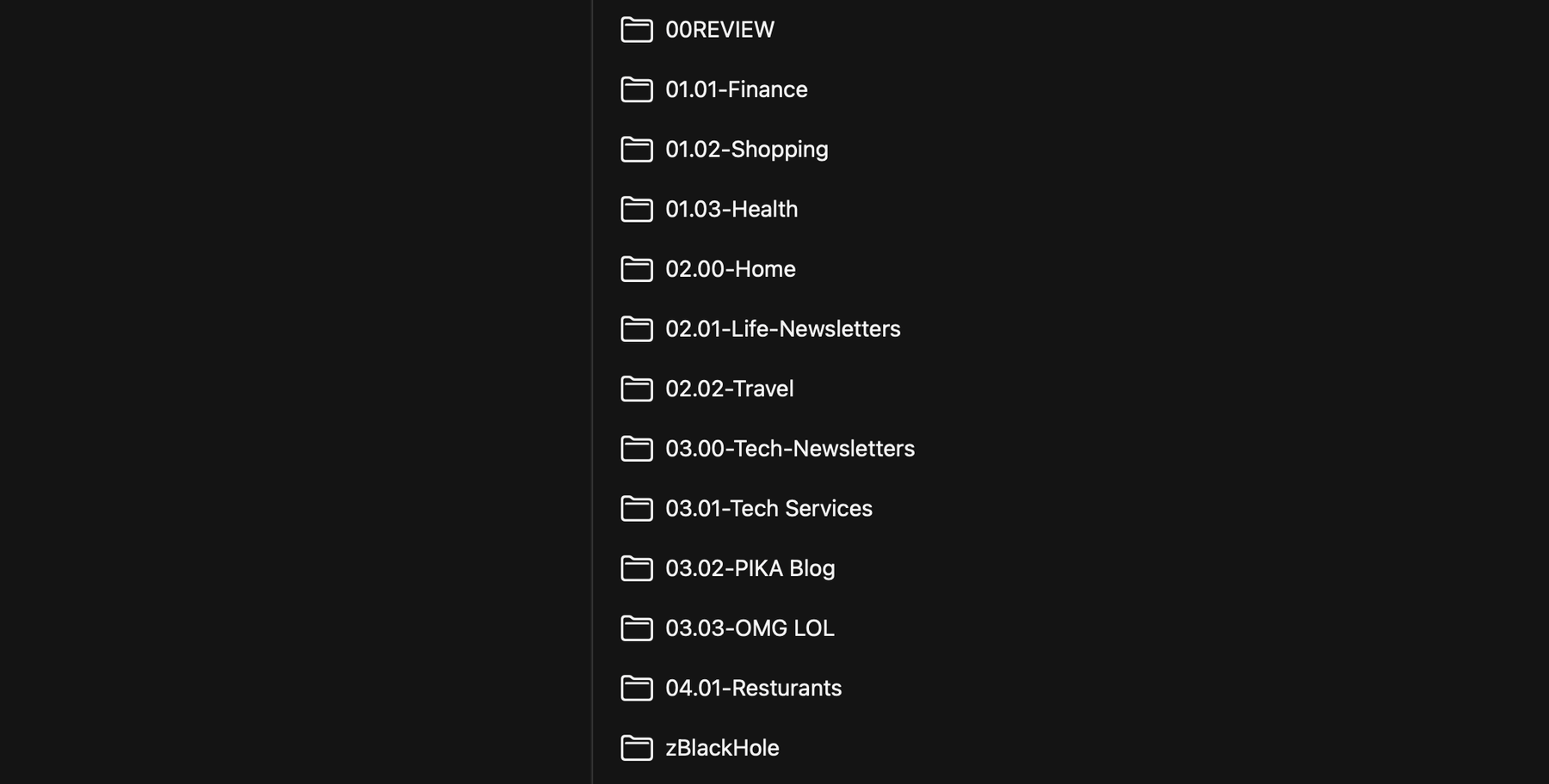 The image shows a dark background with a vertical list of folders, each with a folder icon and a label. The folders are organized in a numbered and named hierarchy, which appears to be for organizing files or emails. The visible folder names, in order, are:

00REVIEW  
01.01-Finance  
01.02-Shopping  
01.03-Health  
02.00-Home  
02.01-Life-Newsletter  
02.02-Travel  
03.00-Tech-Newsletters  
03.01-Tech Services  
03.02-PIKA Blog  
03.03-OMG LOL  
04.01-Resturants  
zBlackHole  

The list is neatly aligned, with the numbering suggesting categories and subcategories for organization. The dark background and white folder text give it a minimalist, high-contrast appearance.