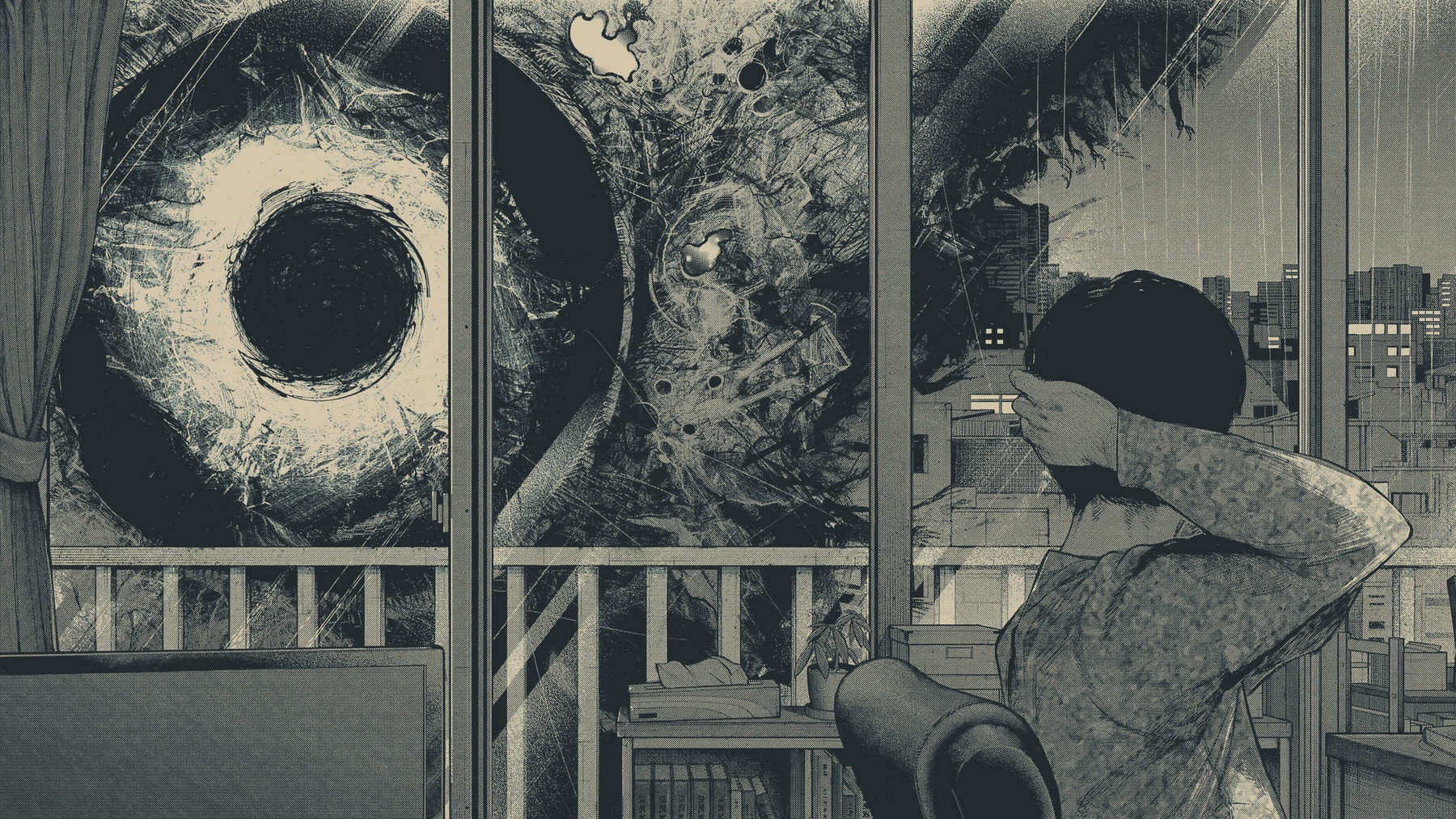 Eine detaillierte, monochrome Illustration im Manga-Stil. Im Vordergrund sitzt eine Person mit dem Rücken zum Betrachter an einem Schreibtisch und blickt durch eine große, bodentiefe Fensterfront. Vor dem Fenster schwebt ein gigantisches, unheimliches Auge mit einer dunklen, wirbelnden Pupille und chaotischen, rissigen Strukturen, das direkt in den Raum starrt und den Großteil des Sichtfeldes ausfüllt. Im Hintergrund, hinter dem Auge, ist die Silhouette einer nächtlichen Stadtlandschaft mit beleuchteten Hochhäusern zu erkennen.