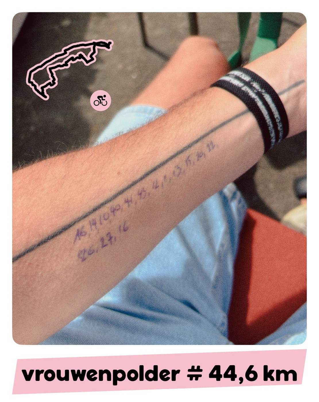 Rondje Walcheren gefietst! De knooppunten hadden we op mijn arm geschreven. De route en foto samengesteld met de iOS app Showoff.