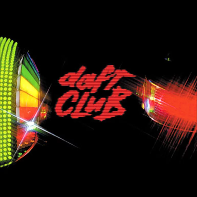 Album cover for Daft Punk's "Daft Club" featuring red pixelated text reading "daft club" against a black background. A rainbow-striped disco ball with a starburst gleam appears on the left, while a red lens flare radiates from the right, creating a retro-futuristic club atmosphere.
