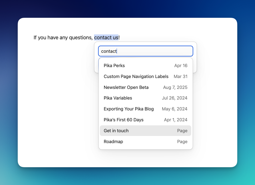 Screenshot of a new link search feature in Pika