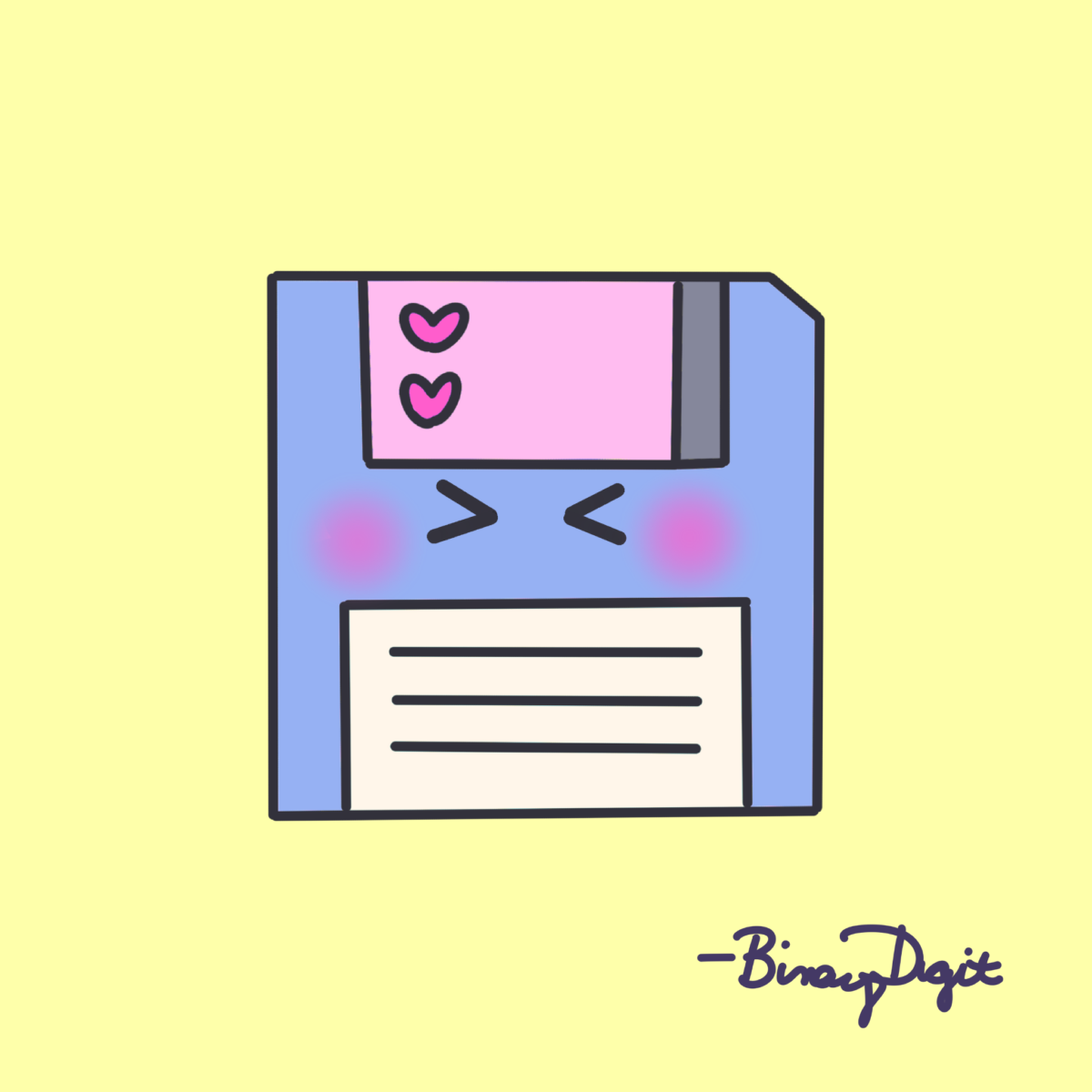 A blue, pink and teal illustration of a floppy disk with pink hearts and an “uwu” face that’s blushing.
