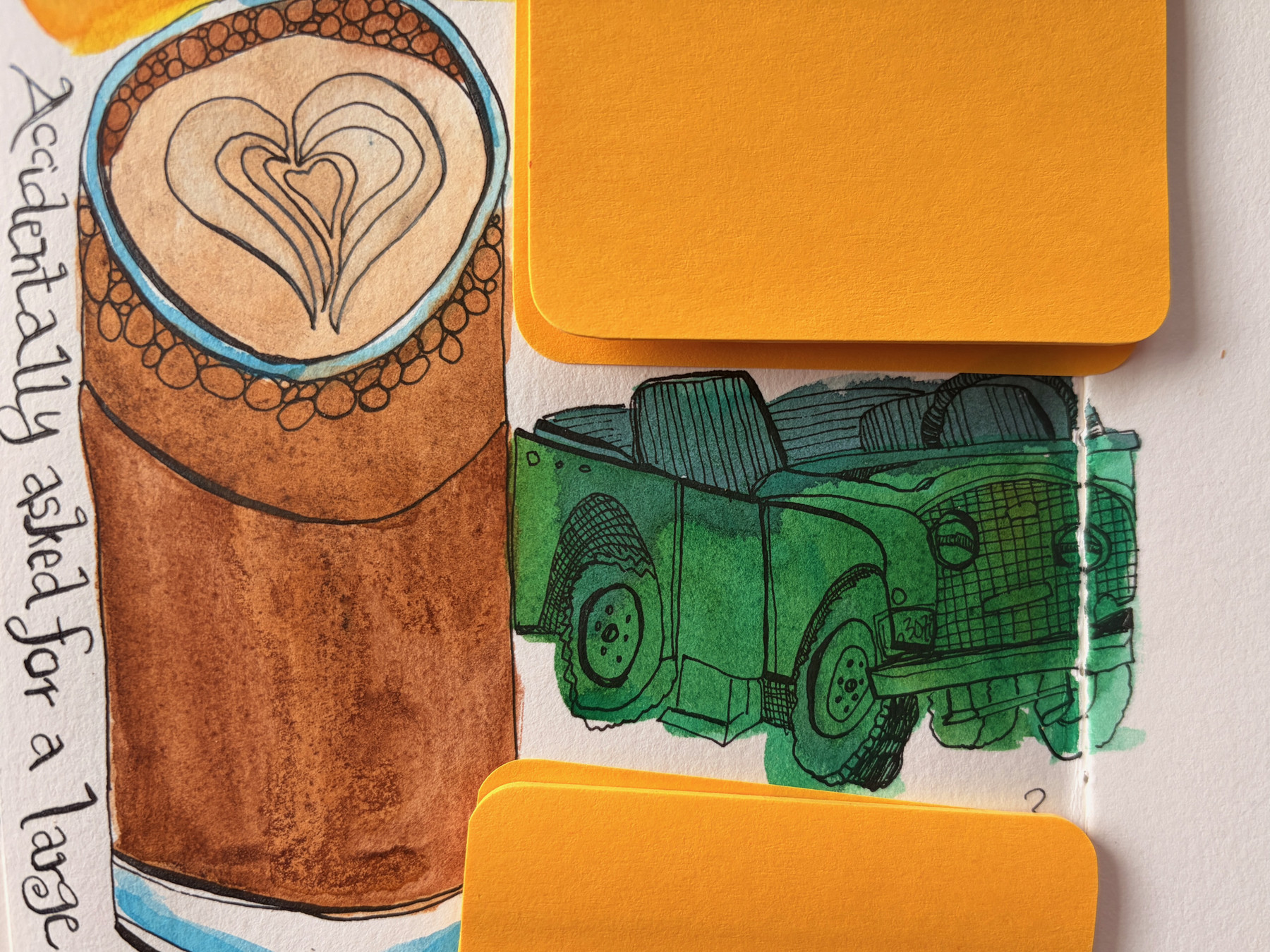 Pen and ink drawing of a tall cup of coffee, and a green military jeep.