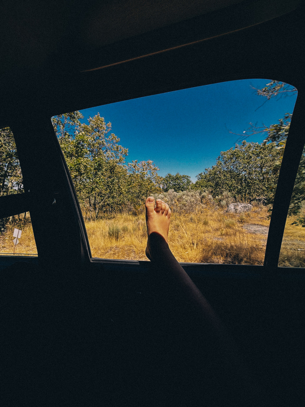 A person’s bare foot is extended out of a car window, with a view of dry grass, trees, and a clear blue sky in the background.